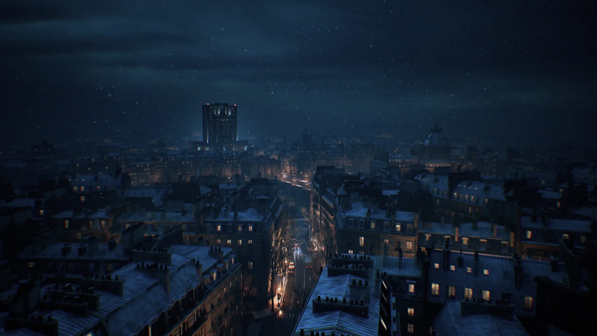 Snow falling over a blue-lit city skyline in Resident Evil Veronica announcement material